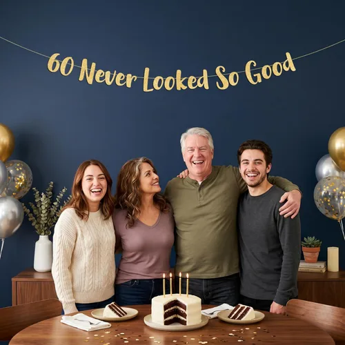 Miniatura 5 de Pancarta dorada con purpurina de 60 años preencordados con la frase "Never Looked So Good" – Decoraciones de cumpleaños 60 y aniversario para Dorado