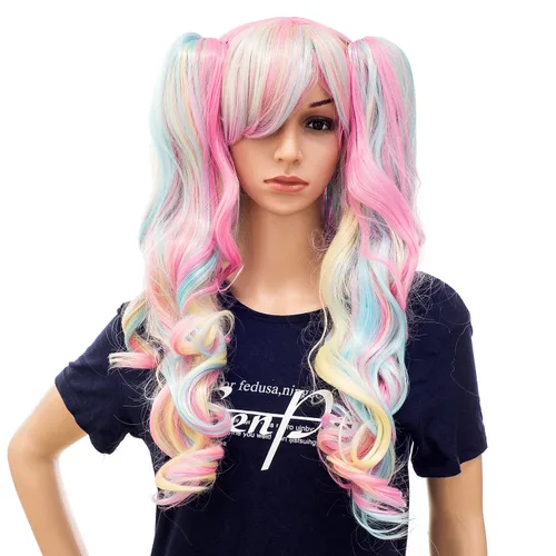 SWACC Peluca larga y rizada de doble garra con clip en cola de caballo sintética pastel colorida para cosplay, peluca para fiesta diaria para