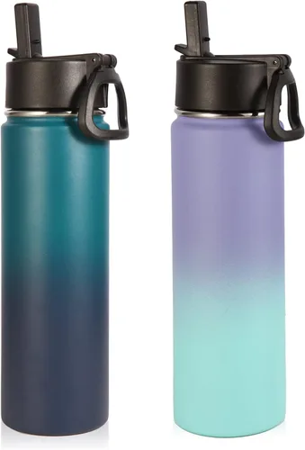 Miniatura 14 de Volhoply Botellas de agua aisladas con popote a granel, paquete de 4, botella deportiva de acero inoxidable de 22 onzas con tapa, vasos de agua