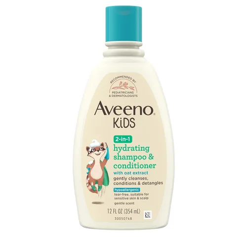 Aveeno Kids Champú y acondicionador hidratante 2 en 1, limpia, acondiciona y desenreda suavemente el cabello de los niños, formulado con extracto de