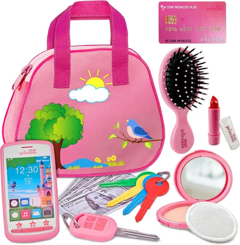 Bolso de Juego para Niños Pequeños con Accesorios, Juguetes para Niñas con Maquillaje de Juguete, Llaves, Teléfono Inteligente, Bolso de Juguete