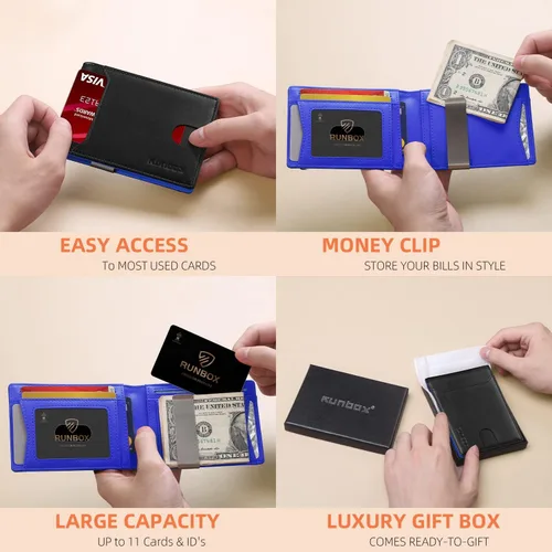 Miniatura 56 de RUNBOX - Carteras delgadas para hombre, cartera de piel con pinza para el dinero, cartera de bolsillo frontal con bloqueo RFID, tarjetero