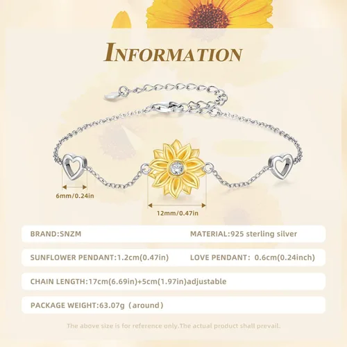 Miniatura 4 de SNZM Pulseras para mujer de plata de ley 925 con diseño de girasol, cadena ajustable con dije de corazón, eslabones de cumpleaños, joyería