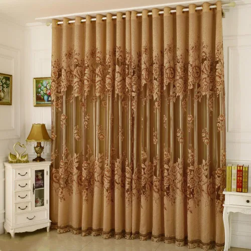 Miniatura 2 de Amidoudou Cortinas Europeas de Doble Capa - Cortinas de Lujo de Flores de Peonía para Sala de Estar y Dormitorio (Oro, 54x96 Pulgadas)