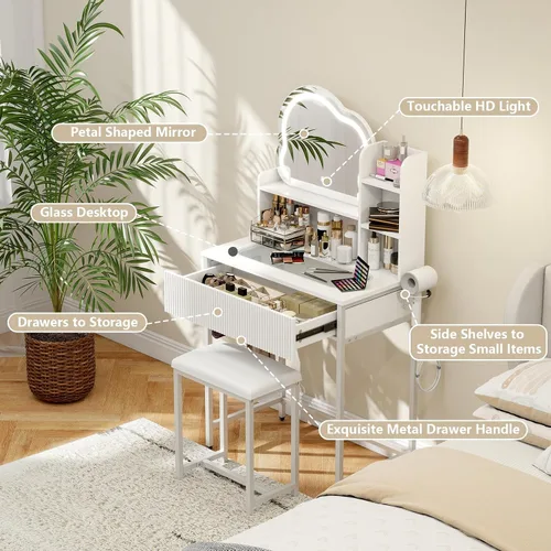 Miniatura 3 de YOURLITE Escritorio de tocador con espejo y luces, juego de tocador de maquillaje acanalado con silla y cajones para espacios pequeños, tocador
