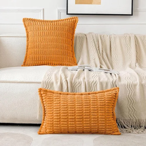 Miniatura 4 de MIULEE - Juego de 2 fundas de almohada decorativas de terciopelo de pana, naranja quemado, para otoño, suaves, a rayas, con borde ancho, decoración