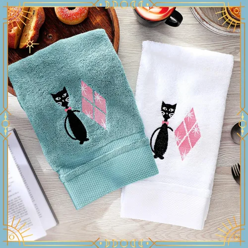 Miniatura 6 de Macarrie 2 toallas de cocina modernas de mediados de siglo con diseño de gato negro retro, toallas de algodón bordadas absorbentes para cocina