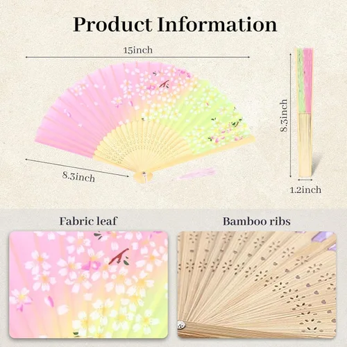 Miniatura 7 de JOHOUSE 4 abanicos plegables de tela floral con borla, elegantes abanicos de boda para invitados, ventilador plegable chino, ventilador de mano