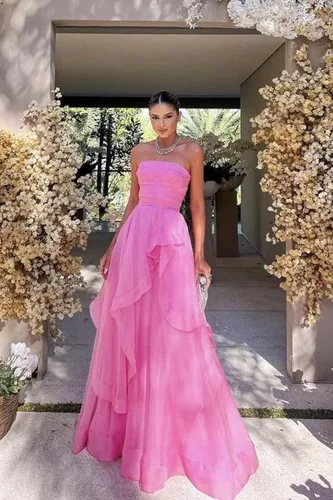 Miniatura 3 de Vestidos de fiesta sin tirantes largos con cordones en la espalda vestido de tul mujeres formal A-Line tubo volante DR0181
