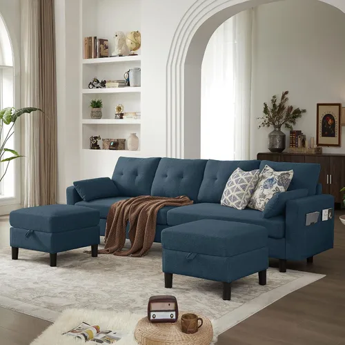 Miniatura 25 de Sofá en forma de U de 102.3 pulgadas con 2 otomanas móviles y 1 mesa auxiliar, se convierte en sofá cama, incluye 2 almohadas para reposabrazos