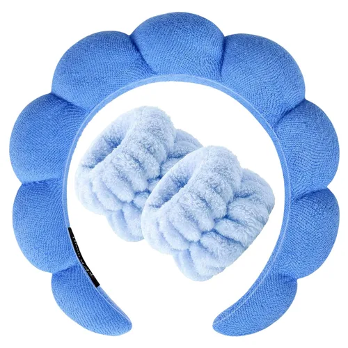 Miniatura 27 de Zkptops Diadema de Spa para Lavar la Cara Muñequera Esponja Maquillaje Cuidado de la Piel Diadema de Tela de Rizo Burbuja Suave Prepárate Diadema