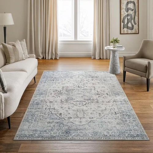 Miniatura 52 de Bloom Rugs Caria Alfombra Lavable Antideslizante de 7 pies - Azul/Carbón Alfombra Tradicional para Entrada, Pasillo, Baño y Cocina - Tamaño Exacto
