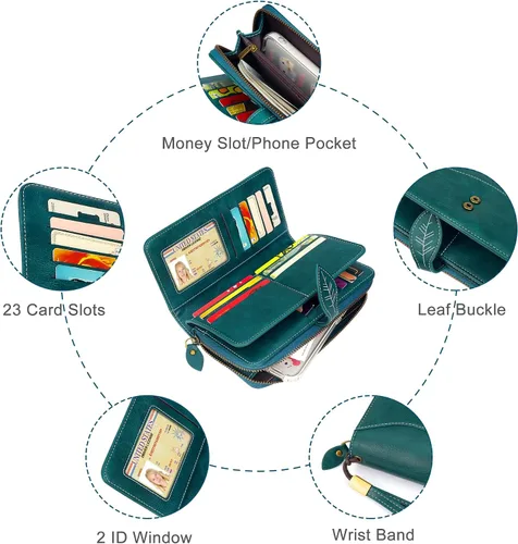 Miniatura 6 de CONISY Cartera RFID para mujer, de gran capacidad, cartera larga de cuero para tarjetas de crédito con correa de muñeca