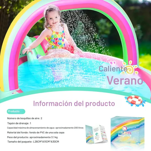 Miniatura 6 de SULIFEEL Centro de Juegos Inflable de Unicornio Arcoíris Piscina para Niños con Tobogán y Aspersor para Niños, 96"x59"x39" pulgadas Piscina
