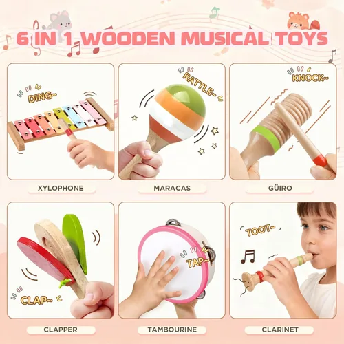 Miniatura 2 de Instrumentos musicales para bebés - Juguetes musicales de madera Montessori para niños de 1 a 3 años, juego de xilófono, maracas y pandereta, Arcoír
