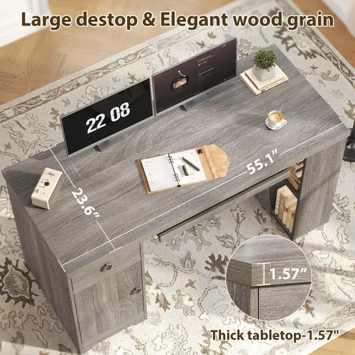 Miniatura 5 de HSH Escritorio para computadora de oficina de 55 pulgadas con cajones, escritorio ejecutivo gris rústico con estantes de almacenamiento y gabinete