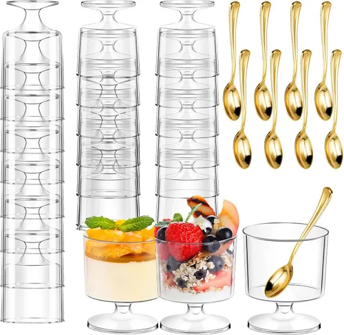 Miniatura 9 de DI QIU REN 120 Piezas Vasos de Postre de 5oz con Cuchara Dorada, Vaso de Plástico Transparente para Postre Parfait Aperitivo Pudín, Copas Redondas