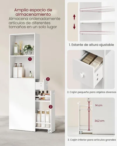 Miniatura 4 de VASAGLE Armario de almacenamiento delgado, gabinete independiente estrecho con cajones y estante ajustable, torre de lino moderna para sala