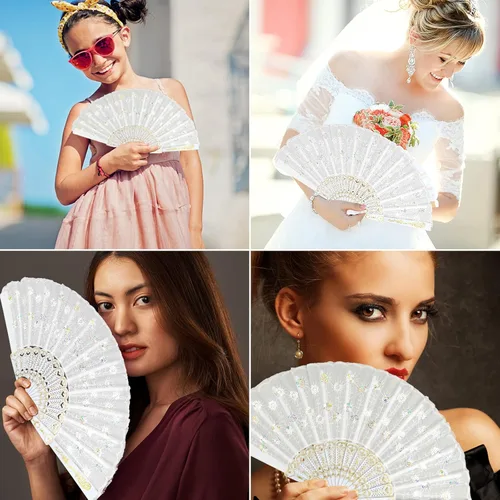 Miniatura 5 de HKACSTHI 6 paquetes de abanicos de mano plegables florales españoles blancos para mujer, abanicos de encaje para boda y decoración del hogar