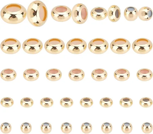 PH PandaHall 48 cuentas de tapón de oro de 14 quilates, 4 tamaños, cuentas deslizantes, espaciador de latón, inserción de goma, longitud de cuentas,