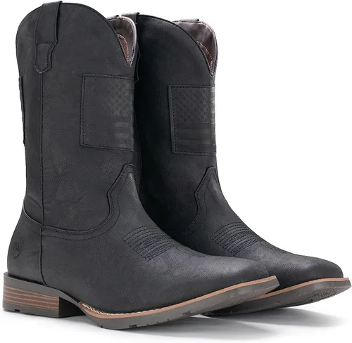 Miniatura 7 de IUV Botas vaqueras para hombre, botas occidentales tradicionales con bandera estadounidense, retro, punta cuadrada, botas de trabajo de campo
