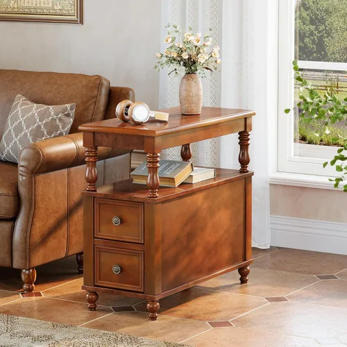 Miniatura 11 de Tribesigns Mesa auxiliar de madera con acabado negro con 2 cajones, mesitas de noche delgadas de madera de mediados de siglo con estante