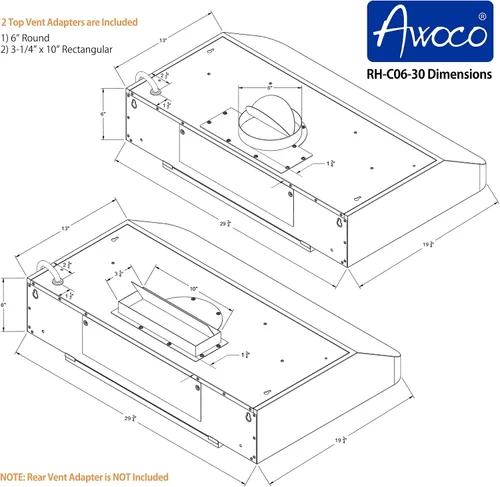 Miniatura 6 de Awoco RH-C06 - Campana de acero inoxidable de 6 pulgadas y 4 velocidades para usar debajo del gabinete, 900 CFM, con luces, 30, 36 y 42 pulgadas