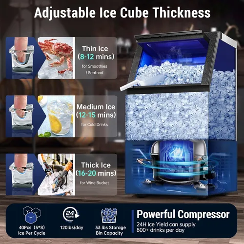 Miniatura 6 de Amzgachfktch Máquina de hielo comercial, máquina de hielo de 120 libras/24 horas, 2 modos de entrada de agua, máquina de hielo debajo del mostrador
