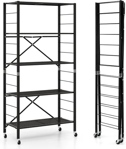 Miniatura 9 de Giantex Estantería plegable de 5 niveles con ruedas color negro, estantes de metal plegables de 60 pulgadas de alto para almacenamiento