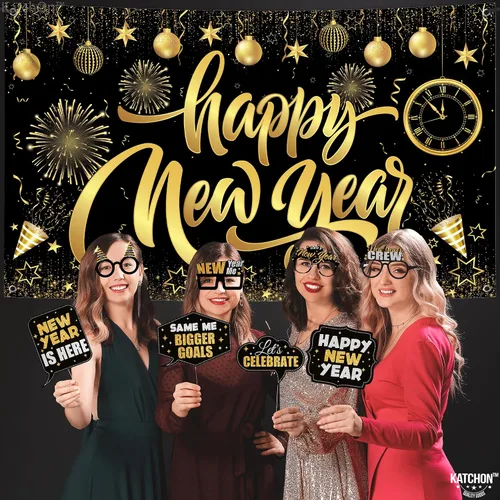 Miniatura 4 de KatchOn, Suministros para fiesta de Año Nuevo 2026 – Paquete de 32 Cartel de Feliz Año Nuevo, accesorios de cabina de fotos de NYE
