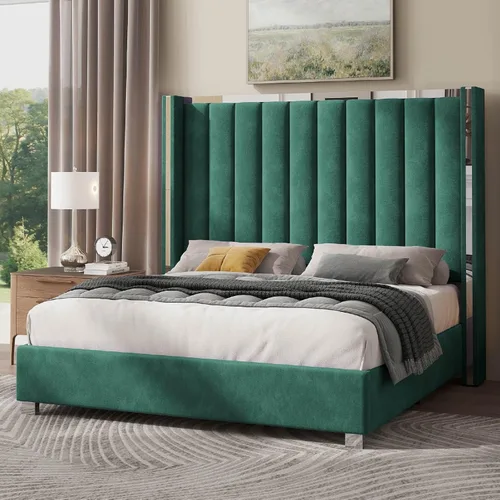 Miniatura 9 de Jocisland Base de cama tamaño Queen con cabecero de 58 pulgadas de alto, cama tapizada de terciopelo con plataforma con cabecera con alas capitoné