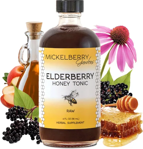 MICKELBERRY GARDENS Tónico de miel de saúco, jarabe de sambucus, saúco negro, apoyo inmunológico para adultos y niños (4 onzas)