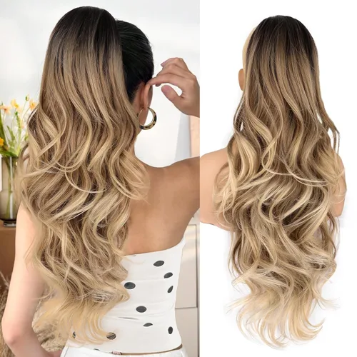 Miniatura 26 de Extensión de cola de caballo rubio, extensión de cola de caballo con cordón de 20 pulgadas para mujeres, extensiones de cabello de cola de caballo