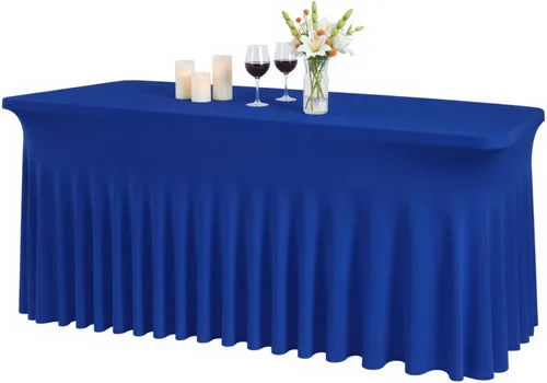 Miniatura 10 de JCJ Faldón de mesa para mesas rectangulares, manteles negros ajustados de spandex para mesas de 4 pies, faldones de mesa elásticos con volantes