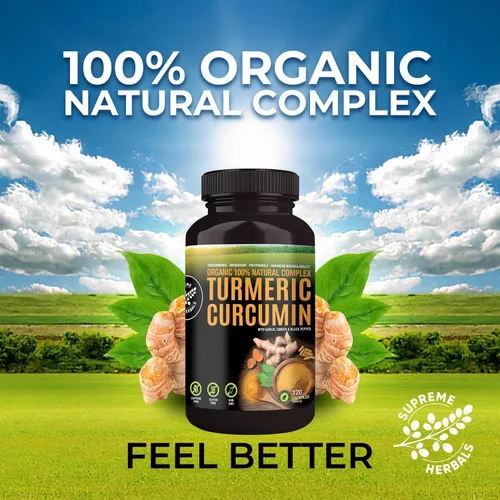 Miniatura 5 de SUPREME HERBALS, Cápsulas de curcumina de cúrcuma 100% cruda y orgánica. Certificado orgánico, sin gluten, sin OMG y sin cafeína. Mejorado con ajo