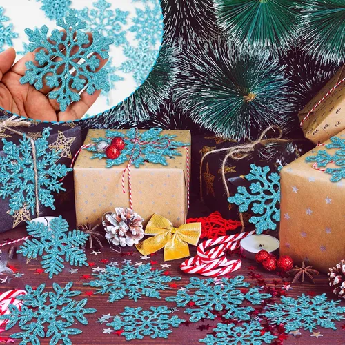 Miniatura 6 de 49 piezas de adornos de Navidad, decoraciones de copo de nieve en oferta - Adornos de Navidad azules con purpurina, copos de nieve colgantes