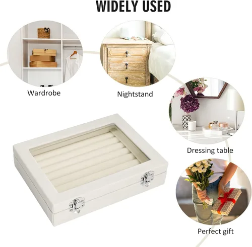Miniatura 6 de Bandeja organizadora de anillos, 7 ranuras, caja de almacenamiento de joyas de terciopelo para aretes con tapa transparente, estuche de exhibición
