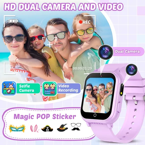 Miniatura 5 de Reloj inteligente impermeable para niños con 32 juegos, cámara dual, video, seguimiento de hábitos, reproductor de música, podómetro, protectores