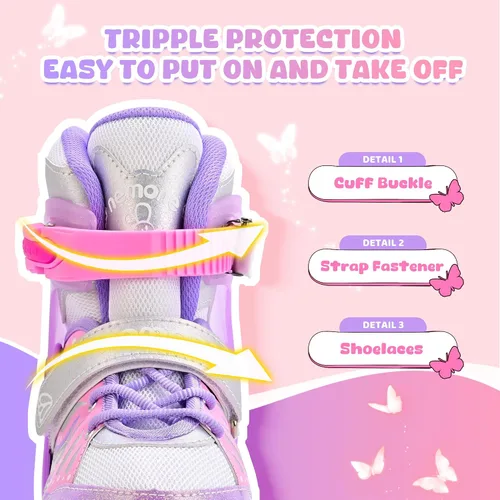 Miniatura 6 de NEMONE - Patines de sirena con ruedas iluminadas y 4 tamaños ajustables para niñas, azul y morado, para niños pequeños, para principiantes, de E
