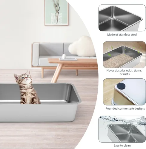 Miniatura 3 de WENBOKMIN Caja de Arena de Acero Inoxidable para Gatos - Caja de Arena para Gatos - Fácil de Limpiar, Nunca Absorbe Olores, Manchas o Óxido