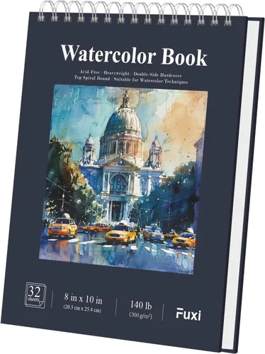 Fuxi - Cuaderno de espiral con papel para acuarela de 8 x 10 pulgadas y 140 libras, 32 hojas (64 páginas), cuaderno de bocetos para acuarela, Azul