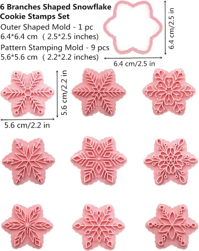 Miniatura 2 de Juego de 9 patrones de sellos de galletas de copo de nieve 3D, plástico de grado alimenticio, 6 ramas con forma de copos de nieve, cortadores