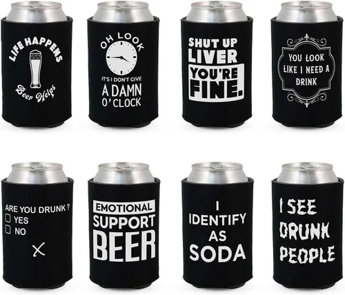 Divertidos frases de fiesta de cerveza para latas de cerveza con aislamiento térmico para bebidas con soda, cerveza Hugger Coolies (negro, paquete