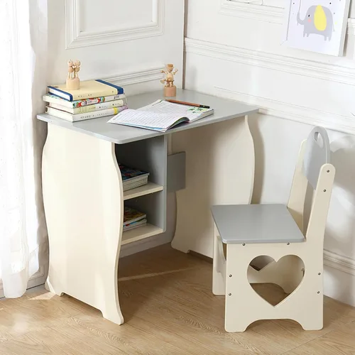 Juego de escritorio y silla para niños, escritorio de estudio para niños con estante de almacenamiento, mesa de estudio escolar de madera, mesa de