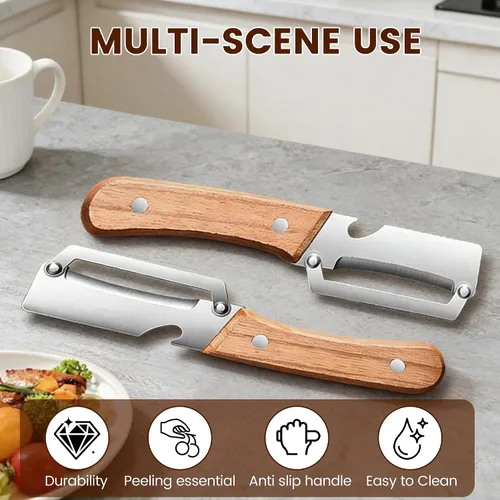 Miniatura 4 de Nuevo pelador de verduras multifuncional para cocina, con mango de madera y abridor de botellas, hoja de acero inoxidable ultra afilada para frutas