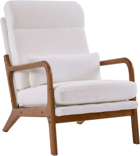 Miniatura 19 de SSLine Sillón tapizado moderno de tela de lino suave con almohada y marco de madera de roble, cómodo sofá individual con respaldo alto, silla