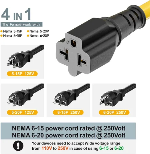 Miniatura 4 de [4 en 1] Cable adaptador de CA para el hogar de 12 AWG de 15 amperios a hoja T de 20 amperios, NEMA 5-15P a 5-15R/ 5-20R/ 6-15R/ 6-20R, adaptador