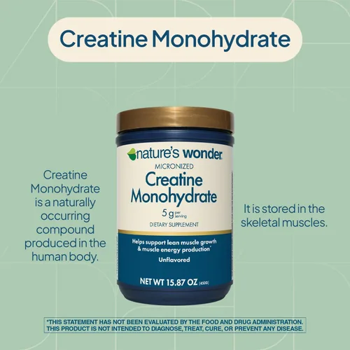 Miniatura 2 de Polvo de monohidrato de creatina micronizada Nature's Wonder 5g, Salud muscular, producción de energía muscular, sin lactosa, 5g de polvo
