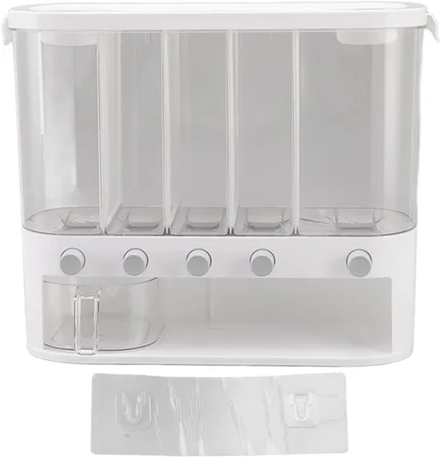 Dispensador de alimentos secos de 5 rejillas, dispensador de cereales transparentes de 16.1 x 6.3 x 13.2 pulgadas con tapa extraíble, recipiente de