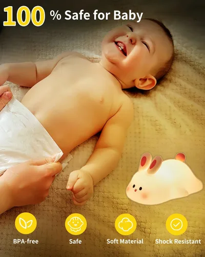 Miniatura 6 de Luz nocturna de conejo de cara grande para niños, lámpara de conejo de silicona blanda con control táctil, 3 niveles de brillo, temporizador